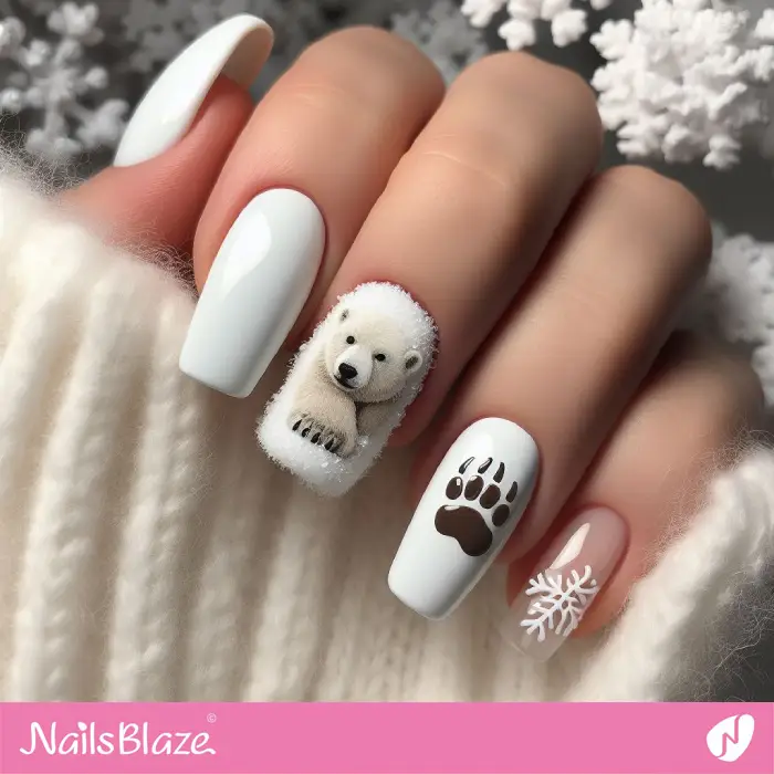 White Nails Bear Design | Polar Wonders Nails - NB3171